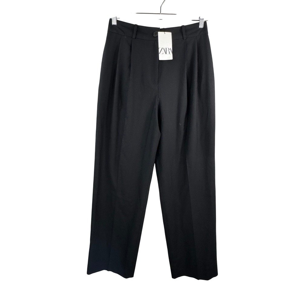 Zara Black Wide Leg‎ Pleated High Waist Career Dress Pants money 90s sz L